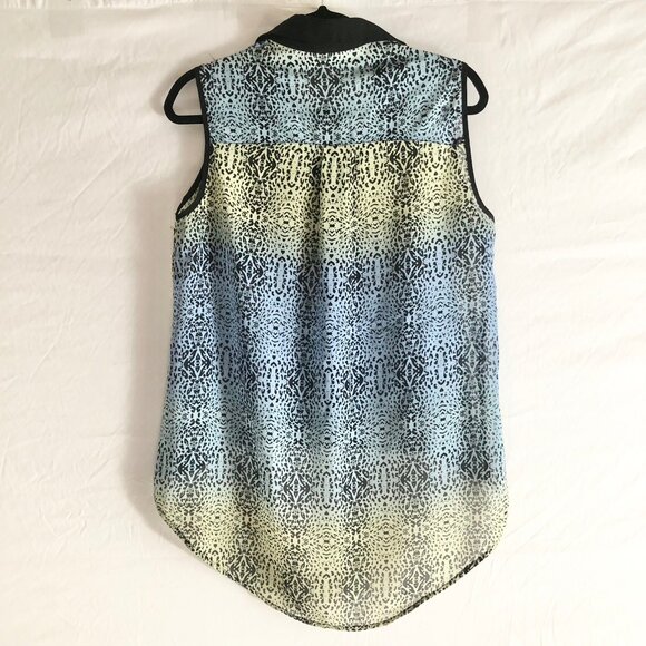 Retro Bongo Leopard Print Chiffon Top Sleeveless Hi-Low Blue Yellow Size XL - Picture 2 of 4